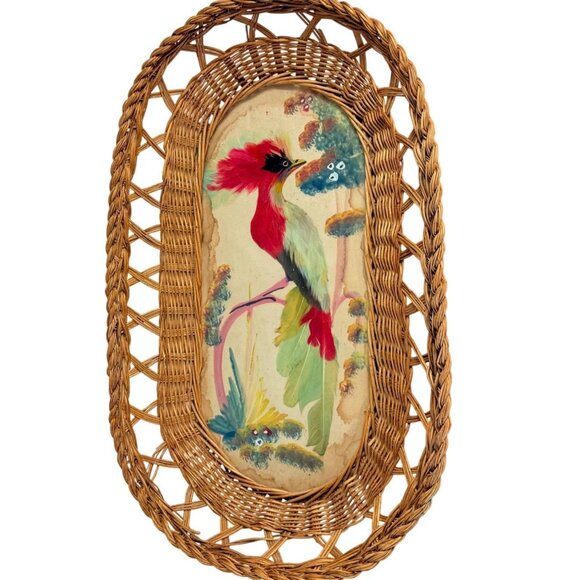 Mexican Tropical Bird Wicker Tray Folk Art Decorative Artisan Hand Painted VTG - Picture 3 of 16